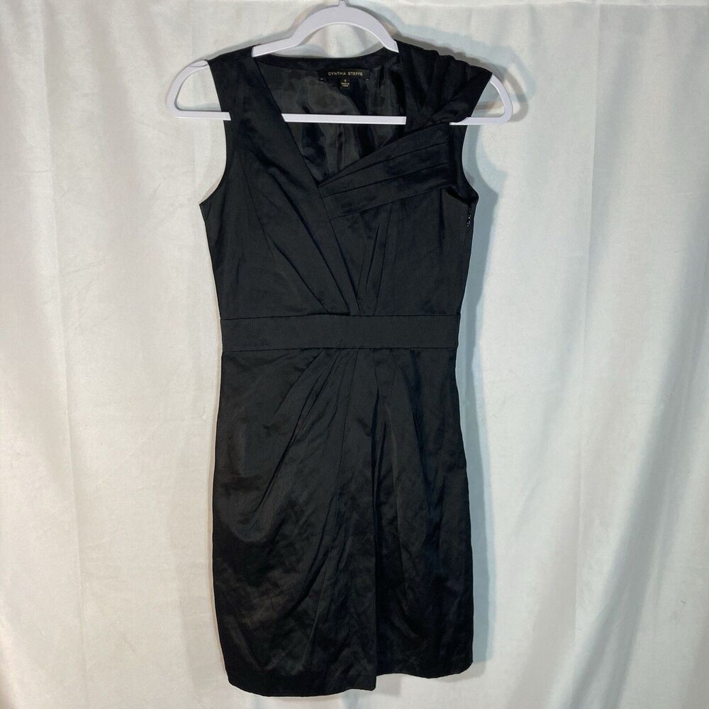 CYNTHIA STEFFE black satin sleeveless shift dress 0